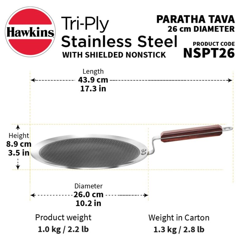 Hawkins 26 cm Paratha Tava, Triply Stainless Steel Shielded Nonstick Tawa with Rosewood Handle, Honeycomb Non Stick Induction Tawa, Silver (NSPT26) - Image 8