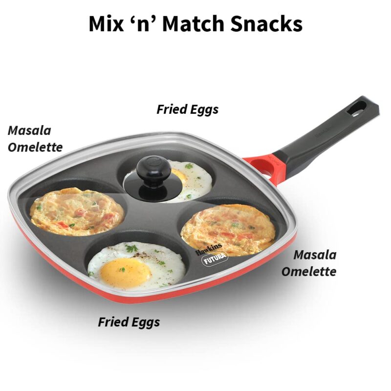 Hawkins 30 cm Die-Cast Multi Snack Pan with Glass Lid, Nonstick Mini Uttapam Tawa, Pancake Pan, Red (DCMS30G) - Image 5