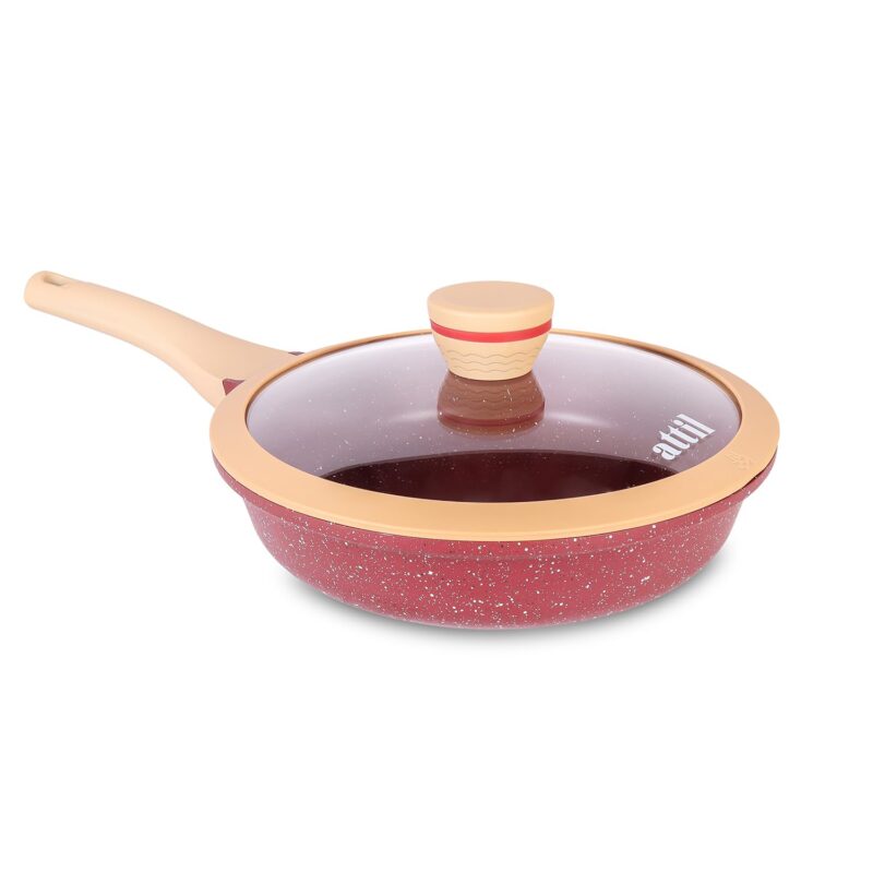 ATTIL - 28 cm Non-Stick Fry Pan with Glass Lid and Silicone Spatula - Induction Base - Granite Cookware Frying Pan - 2.5 LTR - Granite Red - Image 4