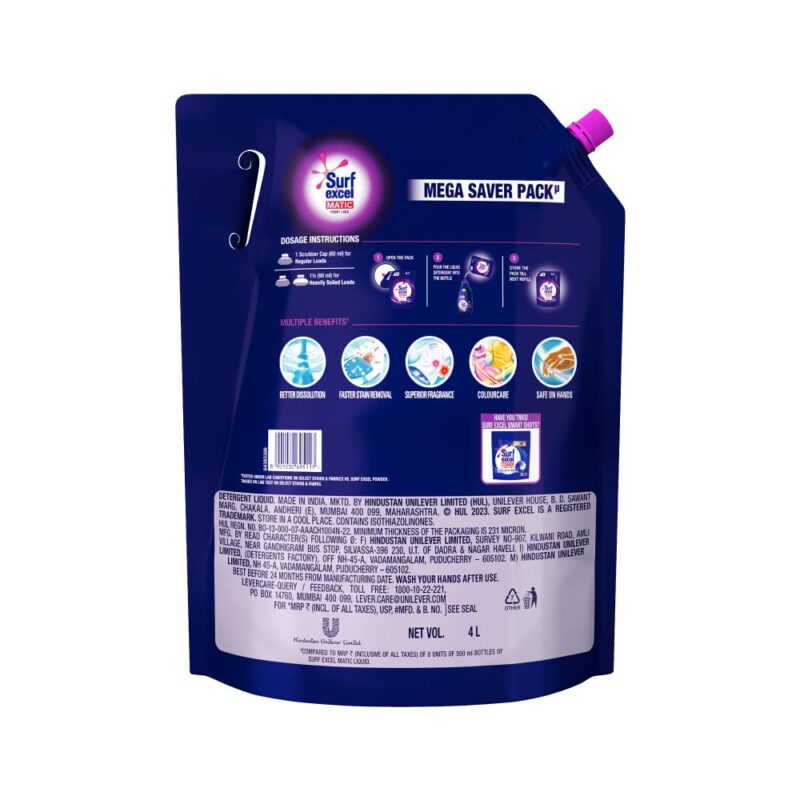 Surf Excel Matic Front Load Liquid Detergent 4L Refill Pouch, Designed for Tough Stain Removal on Laundry in Washing Machines - Mega Saver Pack - Image 6