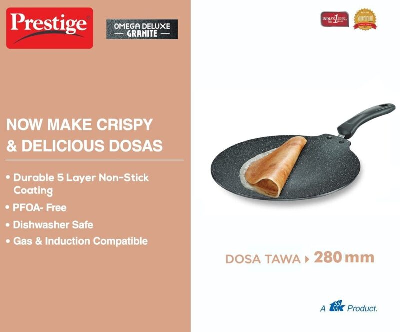 Prestige Omega Deluxe Granite Flat Dosa Tawa | Black | 28 cm |Non-Stick | Induction Base | Dishwasher Safe | PFOA Free | Metal Spoon Friendly - Image 4