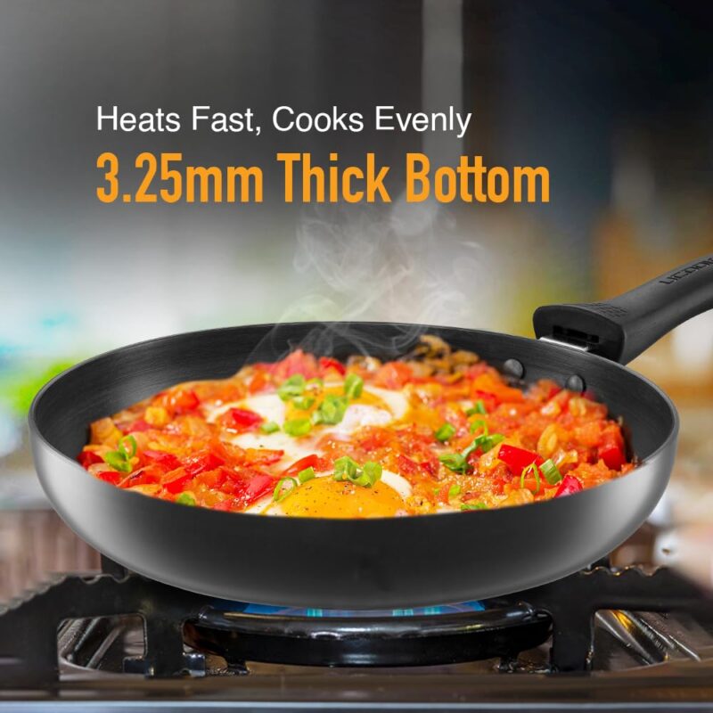 KENT Hard Anodised Frying Pan 24 Cm|1.8L|Non Reactive, Non Toxic, & Non Staining Food Grade Surface|3.25Mm Thick Base for Uniform Heating|Cool Touch Bakelite Handle|Induction Friendly, Black - Image 4