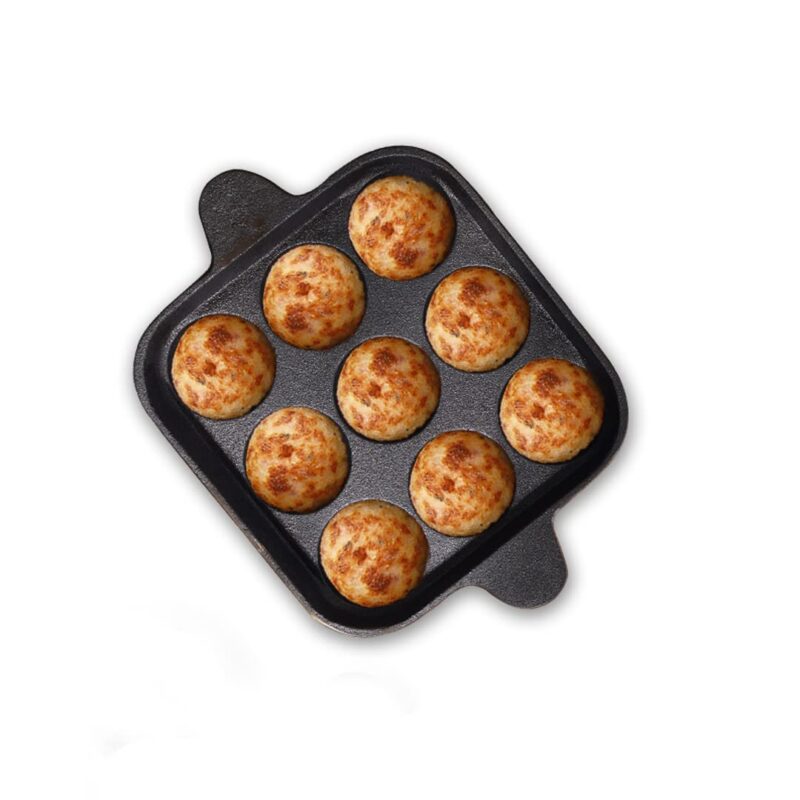 The Indus Valley Pre-Seasoned Cast Iron Square Paniyaram Pan | 9pit, 24cm/9.4inch, 1.3kg | Naturally Nonstick Appe/Paddu Pan, 100% Pure & Toxin-Free, No Chemical Coating, Black