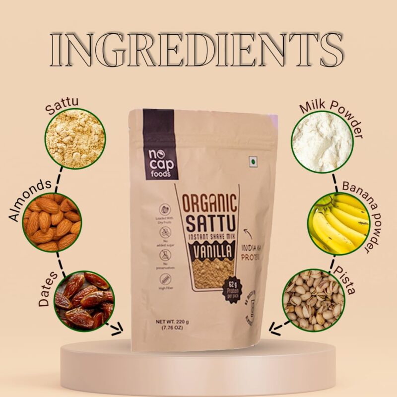 Nocap Sattu Shake Vanilla 220gm | No refined sugar | No Artificial flavours | High Protein | High Fiber | Natural Vanilla flavour | Instant shake | No Additives | No preservatives - Image 4