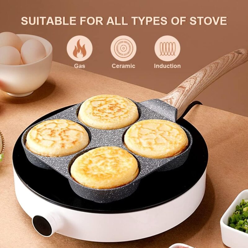 Cannagenix 4 Cups Egg Pan Omelette Pan Frying Pan Egg Frying Pan 4 Cup Crepe Pan Granite Egg Cooker Breakfast Pancakes Pan Suitable for Gas Stove & Induction Cookware (Wood Grain Handle) - Image 3