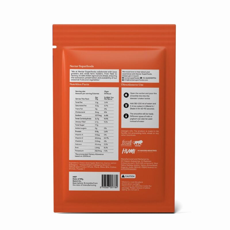 Nectar Superfoods Anytime ABC Smoothie Powder - Added 100% Natural Fruit, Apple, Beetroot, Carrot, Lemon, Original Fruit Test, Healthy Ingredients for Nutritious Smoothies, Vegan and Convenient - (15gm Sachet Pack) - Image 3