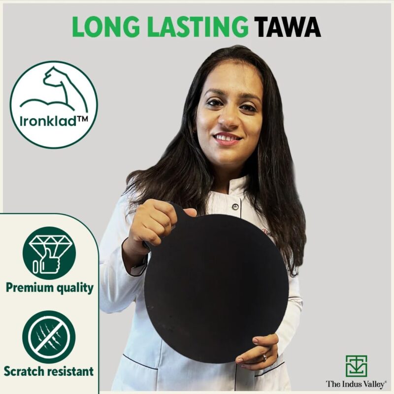 The Indus Valley Pre-Seasoned Iron Tawa with Wooden Spatula & Flip for Dosa/Chapathi | 28cm/11 inch, 1.5kg | Gas Compatible | 100% Pure & Toxin-Free, No Chemical Coating - Image 4