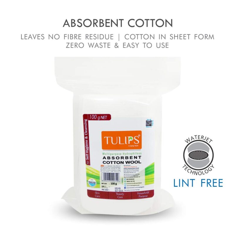 Tulips 100gm Absorbent Soft Cotton Wool/Roll for Makeup Remover, Beauty, Adult & Baby Care Disposable Cotton, (Pack of 2) - Image 4