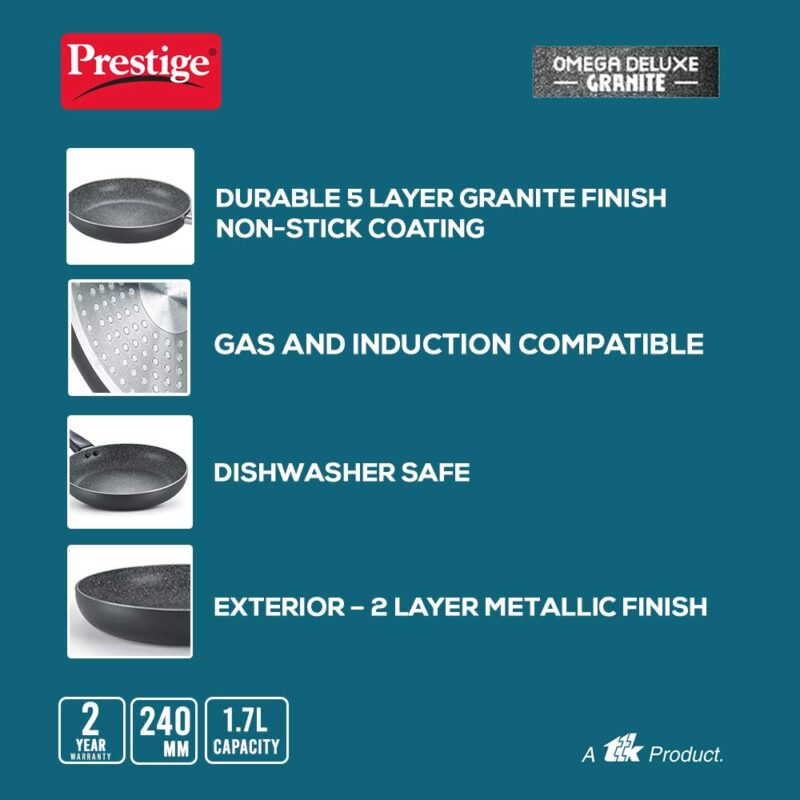 Prestige Omega Deluxe 24cm Granite Fry Pan with Glass lid|Gas & Induction Compatible | 5 Layers Non-Stick Cookware | Dishwasher Compatible - Image 5