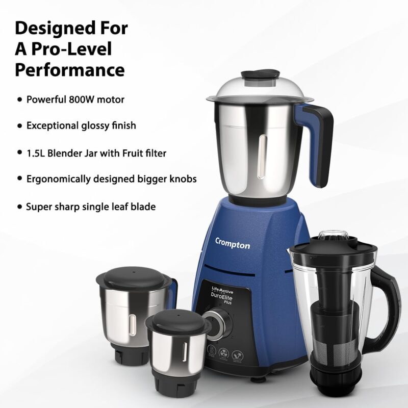 Crompton DuroElite Plus 800 W Mixer grinder with 4 Jars (3 stainless steel Jars+ 1.5L Juicer Jar with Fruit Filter)| Heavy Duty Powertron Motor & Motor Vent-X Technology |Blue - Image 3