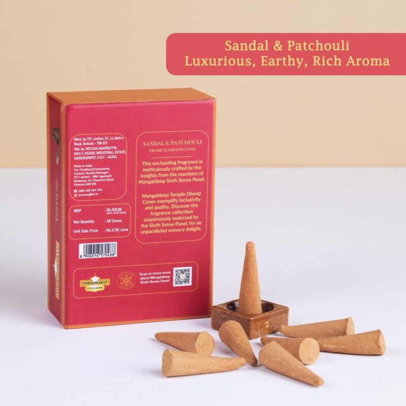 Mangaldeep Temple Premium Bambooless Dhoop Cones - Sandal & Patchouli - Ceramic Stand Inside - Charcoal Free (40 Cones) - Image 5