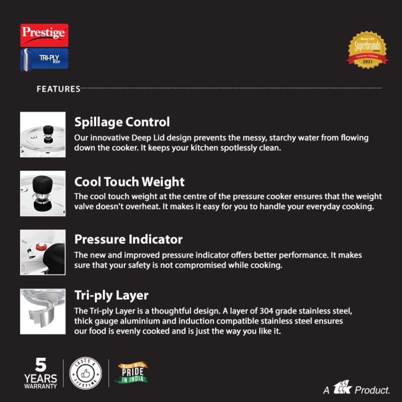 Prestige Svachh Triply Outer Lid Pressure Cooker with Unique Deep Lid for Spillage Control, 2 Litre, Silver, 304 Stainless Steel Inner Surface, Thick Gauge Aluminium, 2 Liter - Image 3