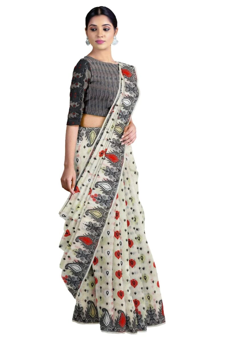 Saree Niketan Women's Traditional Bengal Cotton Silk Jamdani Saree (white) - Image 5