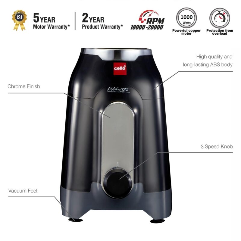 Cello Discovery Chef Mixer Grinder 5 Jars, 1000Watts | Chutney Jar, Wet Jar, Food Machine, Juicer Jar, Dry Jar | Stainless Steel Jars and Sturdy Body | 6 Additional Attachments - Image 6