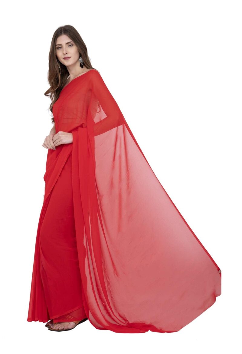 LIME Plain Georgette Red Saree With Blouse Piece For Women (Free Size) - Image 3