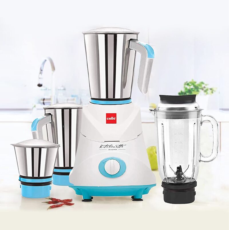 Cello Grind-N-Mix Elite Mixer Grinder, 500 Watts, 3 Stainless Steel Jar and 1 Juicer Jar, Blue and White - Image 3