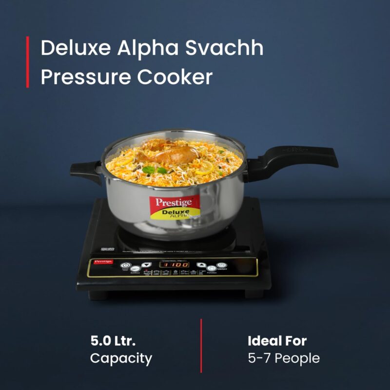 Prestige 5L Deluxe Alpha Svachh stainless steel Pressure Cooker|Outer lid|Ideal for 5-7 persons|Deep lid for spillage control|Gas & induction compatible|Silver - Image 5
