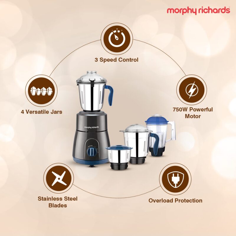 Morphy Richards 750W Relish 4 Jars Mixer Grinder, Black and Blue, Regular - Image 15