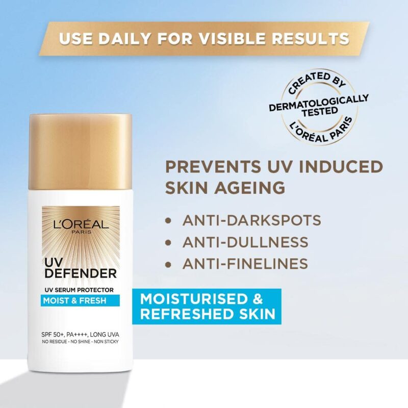 L'Oreal Paris Sunscreen, Non-Greasy, Hydrating Sunscreen With Hyaluronic Acid, UVA & UVB Protection, With SPF 50 PA+++, Moist & Fresh, UV Defender Serum Protector, 50 ml - Image 7