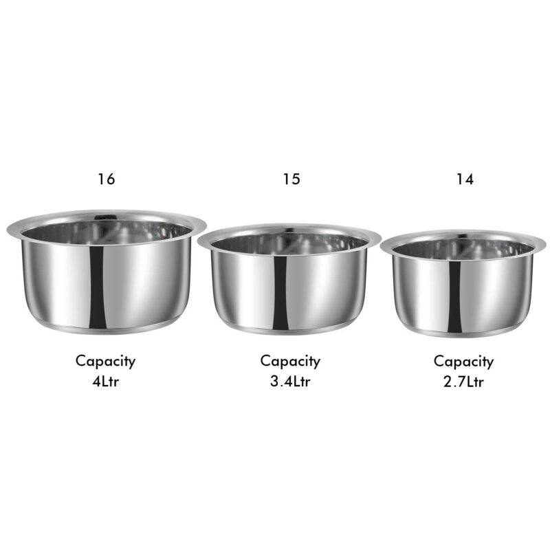 Vinod Stainless Steel Capsule Bottom Tope/Patila Combo Set Of 3 Pcs-2.7 Liter(14Cm Diameter),3.4 L(15Cm Diameter)And 4 L(16Cm Diameter)-Silver - Image 3