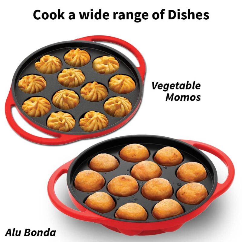 Hawkins Futura 26 cm Appe Pan, Non Stick Paniyaram Pan with Glass Lid, 12 Cups Paniyarakkal Ceramic Pan, Litti Pan, Kuzhi Paniyaram Pan, Ponganalu Pan, Red (NAPE26G) - Image 5