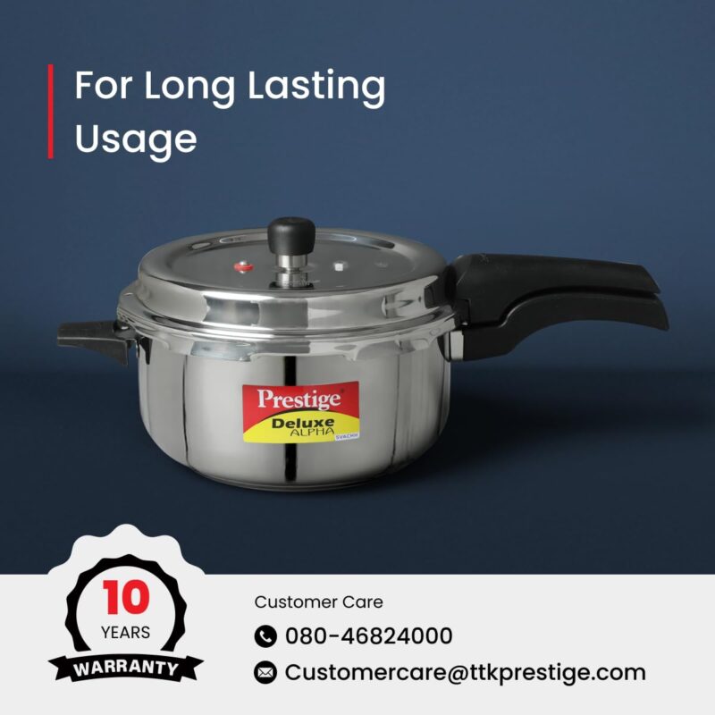 Prestige 5L Deluxe Alpha Svachh stainless steel Pressure Cooker|Outer lid|Ideal for 5-7 persons|Deep lid for spillage control|Gas & induction compatible|Silver - Image 2