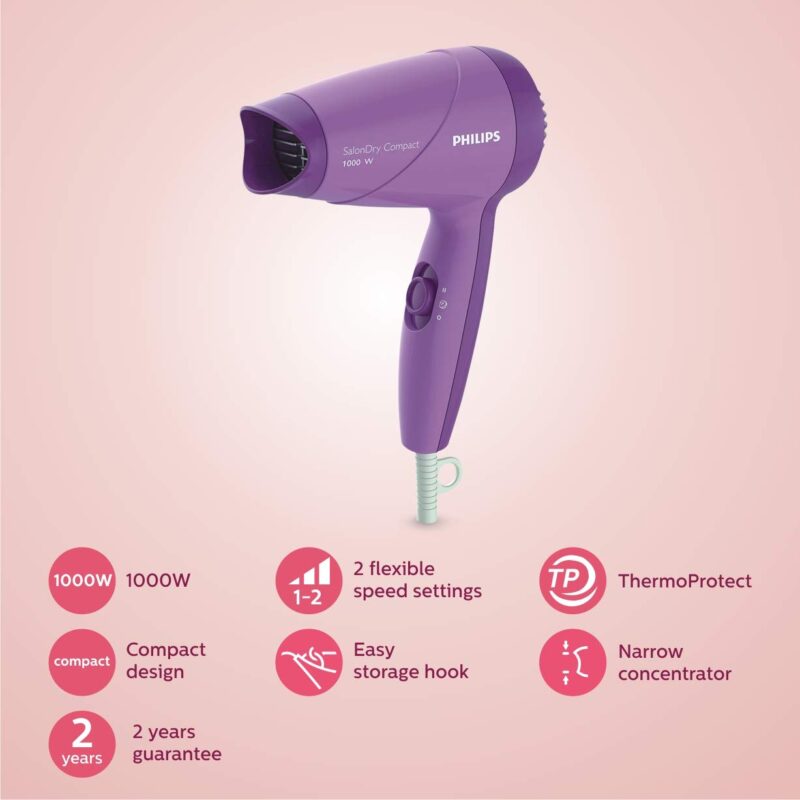 Philips HP8100/46 Compact Hair Dryer| 2 Flexible heat setting| ThermoProtect prevents overhearting | 1000 Watts- Purple - Image 9