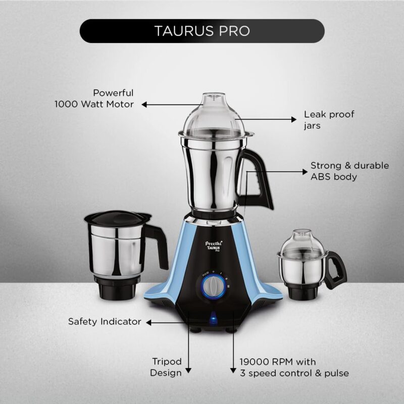 Preethi Taurus Pro Mixer Grinder for Kitchen, 3 Jars 1000 Watt Mixie, Dry and Wet Grinder Jar, 2 Year Warranty, Blue-Black, (Mg-259) - Image 5