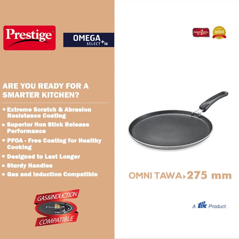 Prestige Omega Select Plus 27.5cm Non-Stick Omni Tawa |Induction Base |Gas & Induction Compatible| Metal Spoon Friendly | Sturdy Handles - Image 4