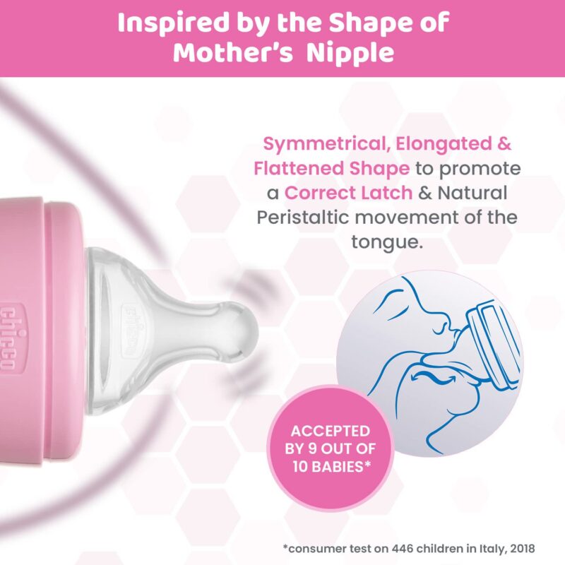 Chicco Well-Being Glass Feeding Bottle for Babies (120ml, Slow Flow) | Premium Borosilicate Glass for High Durability | Elongated Teat for Correct Latch | Comes with Anti-Spill Cap | BPA Free (Pink) - Image 5