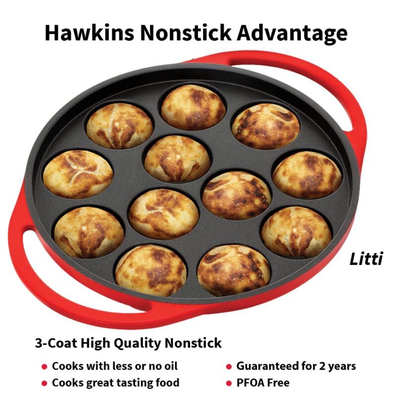 Hawkins Futura 26 cm Appe Pan, Non Stick Paniyaram Pan with Glass Lid, 12 Cups Paniyarakkal Ceramic Pan, Litti Pan, Kuzhi Paniyaram Pan, Ponganalu Pan, Red (NAPE26G) - Image 8