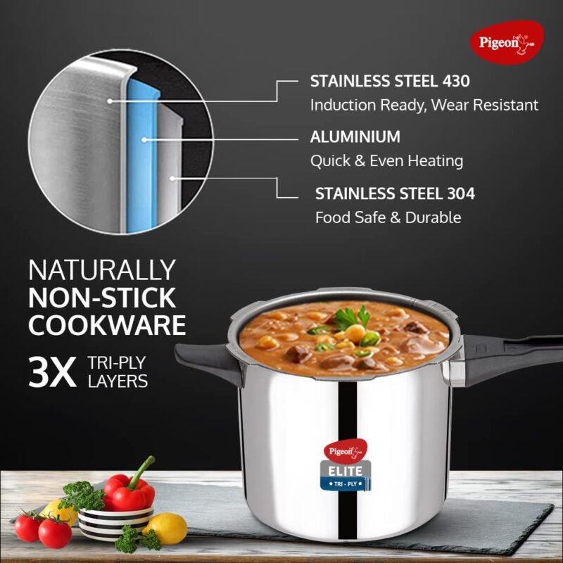 Pigeon by Stovekraft Elite Shine 3 L Tri-Ply Body Outer Lid Pressure Cooker Induction and Gas Stove Compatible that Distributes Heat Evenly for Uniform Cooking (Stainless Steel, Silver) - Image 7