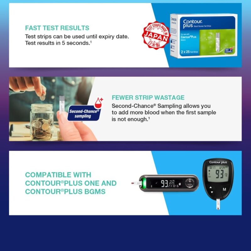 Contour Plus Blood Glucose Test Strip (25 Strips) | Contour Plus Glucometer 25 Test Strips Pack - Image 2