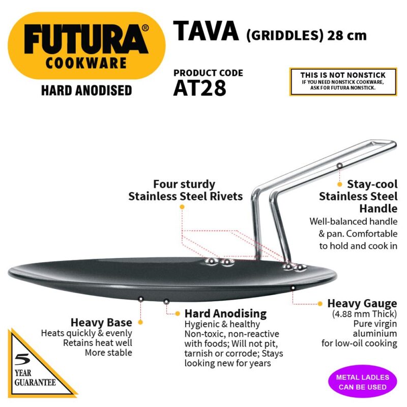 Hawkins Futura 28 cm Tava, Hard Anodised Tawa with Stainless Steel Handle, Black (AT28) - Image 7