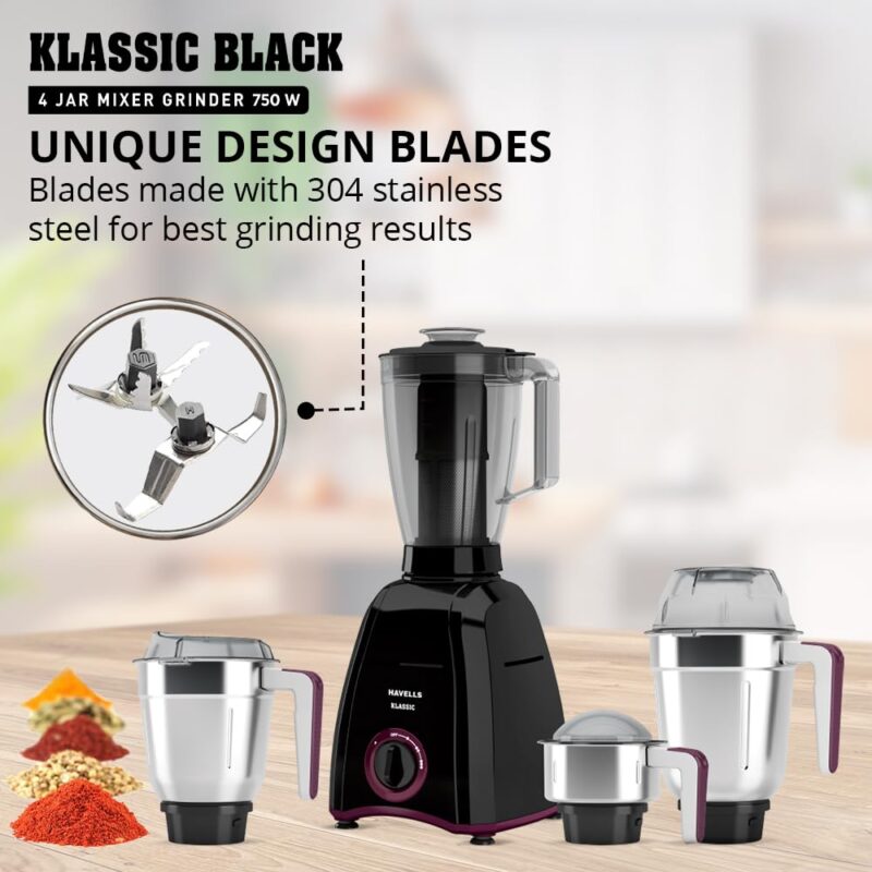 Havells Klassic 750 Watt 4 Jar Mixer Grinder, 21000 RPM Heavy Duty Universal Motor, 304 SS Blades, Large Size Break Resistant JarLids With Twist & Lock Mechanism- Black - Image 5