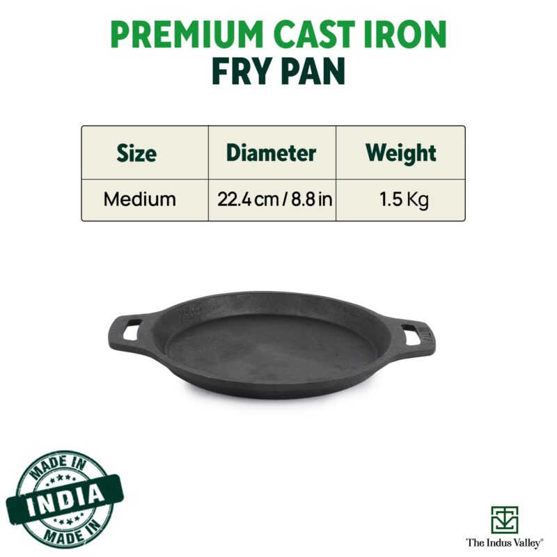 The Indus Valley Preseasoned Cast Iron Fish Fry Pan With Double Handle| Medium 22.4Cm/ 8.8Inch, 1.5Kg | Induction Friendly | Nonstick Fish Fry Pan, 100% Pure & Toxin Free, No Chemical Coating, Black - Image 8