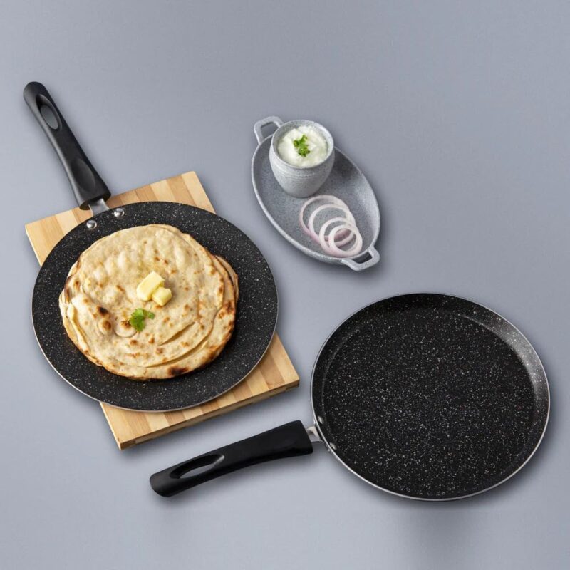 HOMETIC Non-Stick Granite Crepe Pan - Effortless Food Release, Induction Ready, PFOA & PTFEs Free, Perfect for Roti, Egg Omelet, Tortilla, Tawa, Dosa, and Flat Frying - Durable, Easy Cleaning. (BLACK) - Image 3
