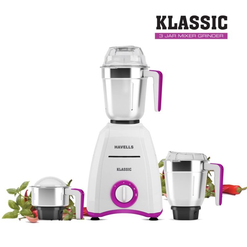 Havells Klassic 750 watts 3 Jar Mixer Grinder with 304 SS Blades, Large Size SS Jars, Break Resistant Polycarbonate Transparent Jar Lids With Twist & Lock Mechanism - Image 2