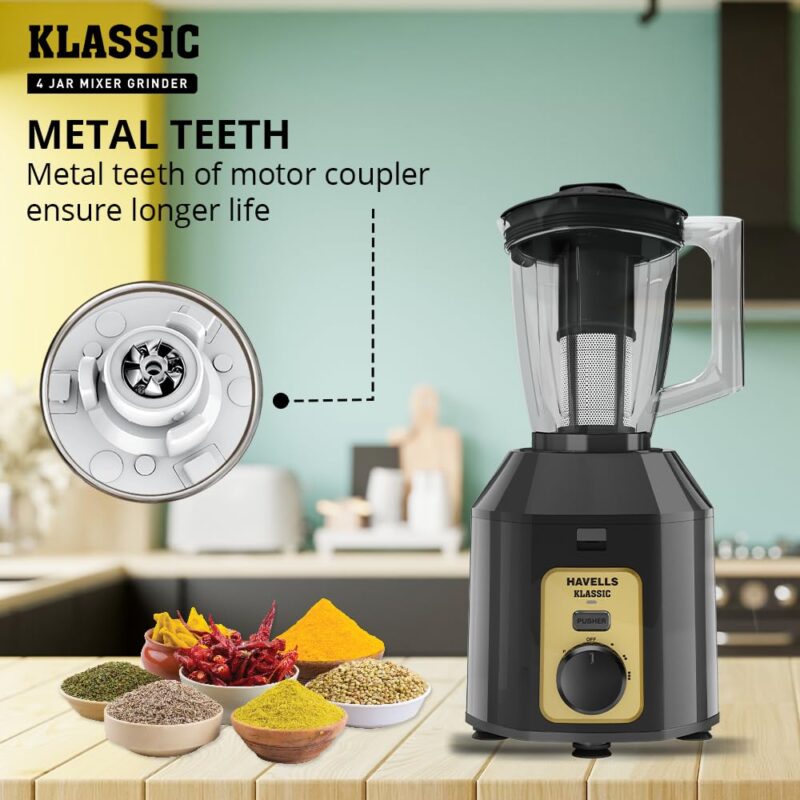 Havells Klassic 1000 watts 4 Jar Mixer Grinder I 2.5 Kg Double Ball Bearing Copper Motor I 22000 RPM I 100 Minutes Run Time I Metal Teeth Coupler & Jar Base I Polycarbonate Jar, Lids with Lock (Grey) - Image 5