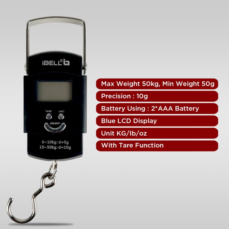 iBELL Weight Machine For Luggage Weighing Scale, Portable, 50 KG, Stainless Steel Hook, Digital LED Display & Tare Function, LS050M (Black) - Image 3