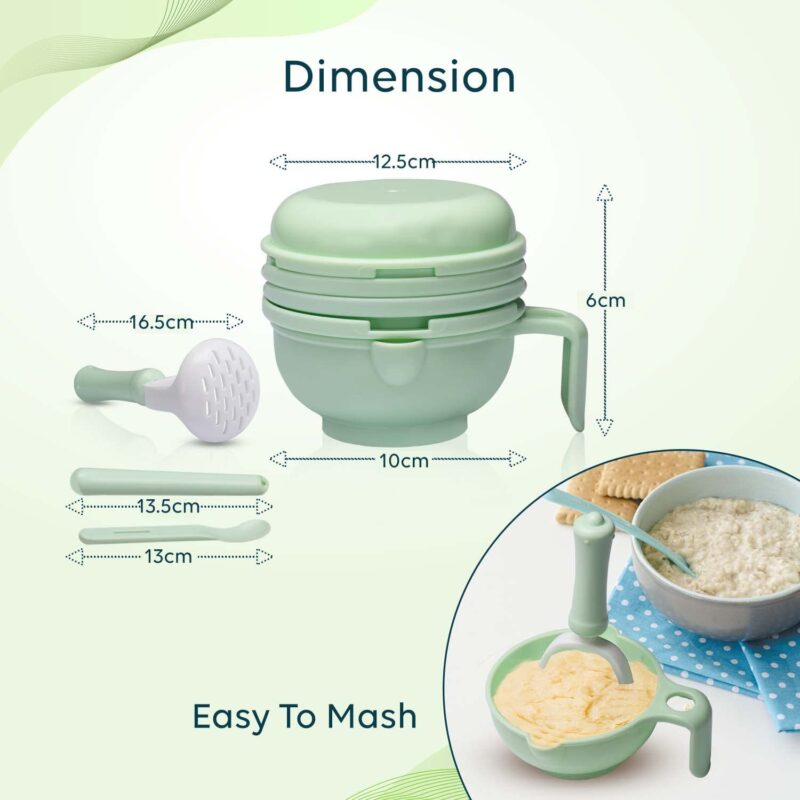 LuvLap 9 in 1 Baby Food Masher Mill, Food Grinder Cum Processor, with Multifunction Textured Mashing & Filtering Plates, with Serving Bowl (Light Green) - Image 2