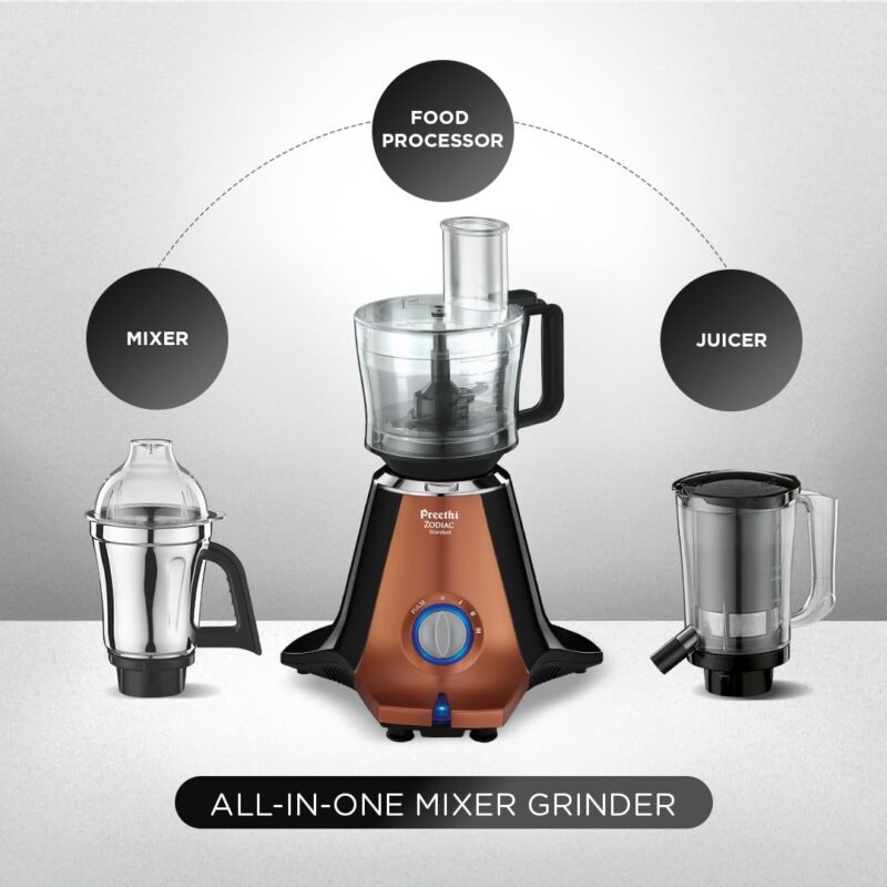 Preethi Zodiac Stardust Mixer Grinder for Kitchen, 5 Jars 750 Watt Mixie (3 Stainless steel Jars +1 Juicer Jar+1 Master Chef Plus Food processor Jar), Black/Copper (MG-265) - Image 6