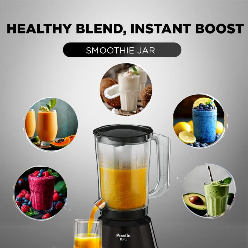 Preethi Boltz Mixer Grinder for Kitchen | 4 Jars 1000 Watts Mixie| 3 Stainless Steel Jar & 1 Blender Jar for Milkshake,Smoothie,Puree - Black (MG-288) - Image 5