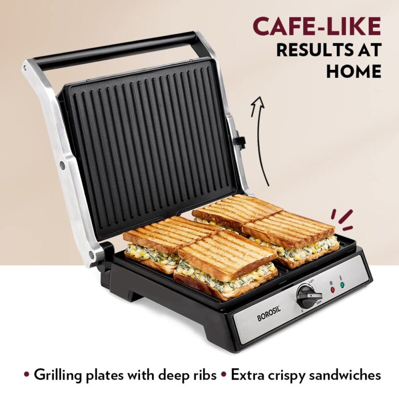 Borosil Super Jumbo Grill Sandwich Maker | Can Make 4 Sandwich At a Time | 2000W Electric Toaster Maker | Non-Stick Coating Plates Opens to 180°, BPA & PTFE Free | Power Indicators | 2 Year Warranty - Image 5