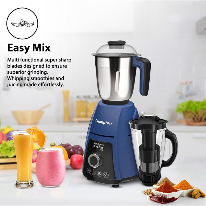 Crompton DuroElite Plus 800 W Mixer grinder with 4 Jars (3 stainless steel Jars+ 1.5L Juicer Jar with Fruit Filter)| Heavy Duty Powertron Motor & Motor Vent-X Technology |Blue - Image 5