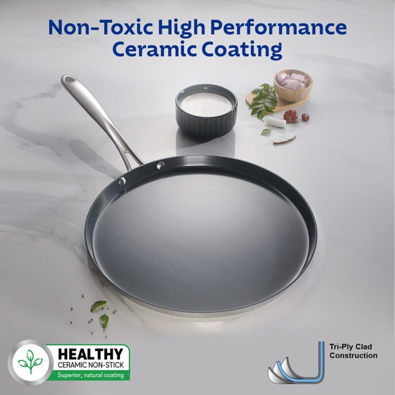 TRAMONTINA Fusao Healthy Triply Ceramic 28cm Dosa Tawa 4mm Thick | Non Toxic (PFAS/PTFE/PFOA Free)| Uttapam Tawa |Roti Tawa |Parantha | Induction Friendly |Stay Cool Handle I 10 Year Warranty* - Image 7