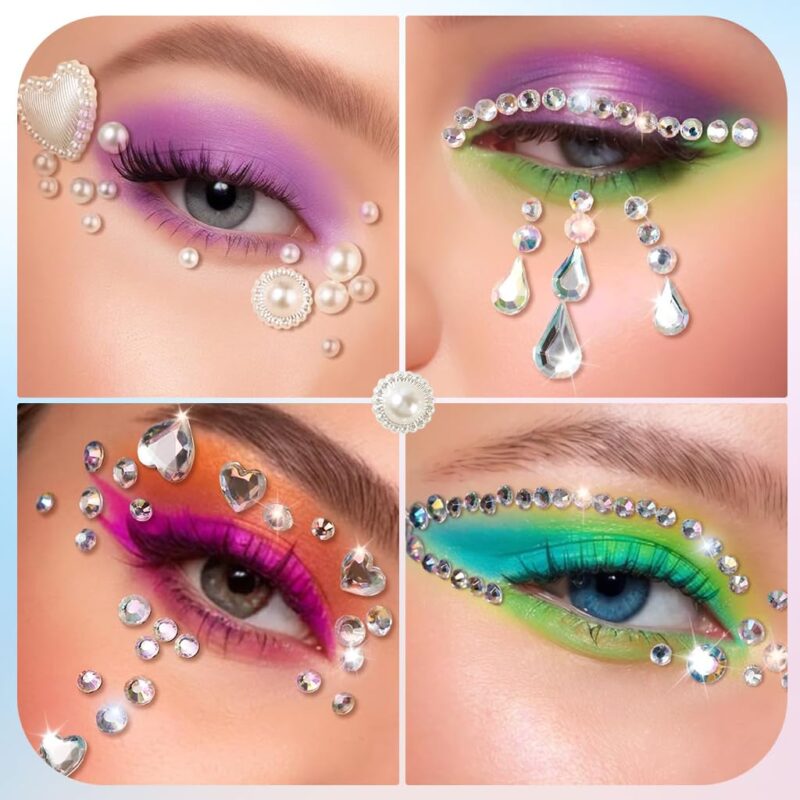 MAYCREATE® Face Rhinestones for Makeup, 1013pcs Self Adhesive Face Gems Jewels Kit, Pearls Rhinestone Stickers, Raindrop Heart Face Crystal Stone with Tweezer for DIY Crafts (Assorted Sizes & Shapes) - Image 2