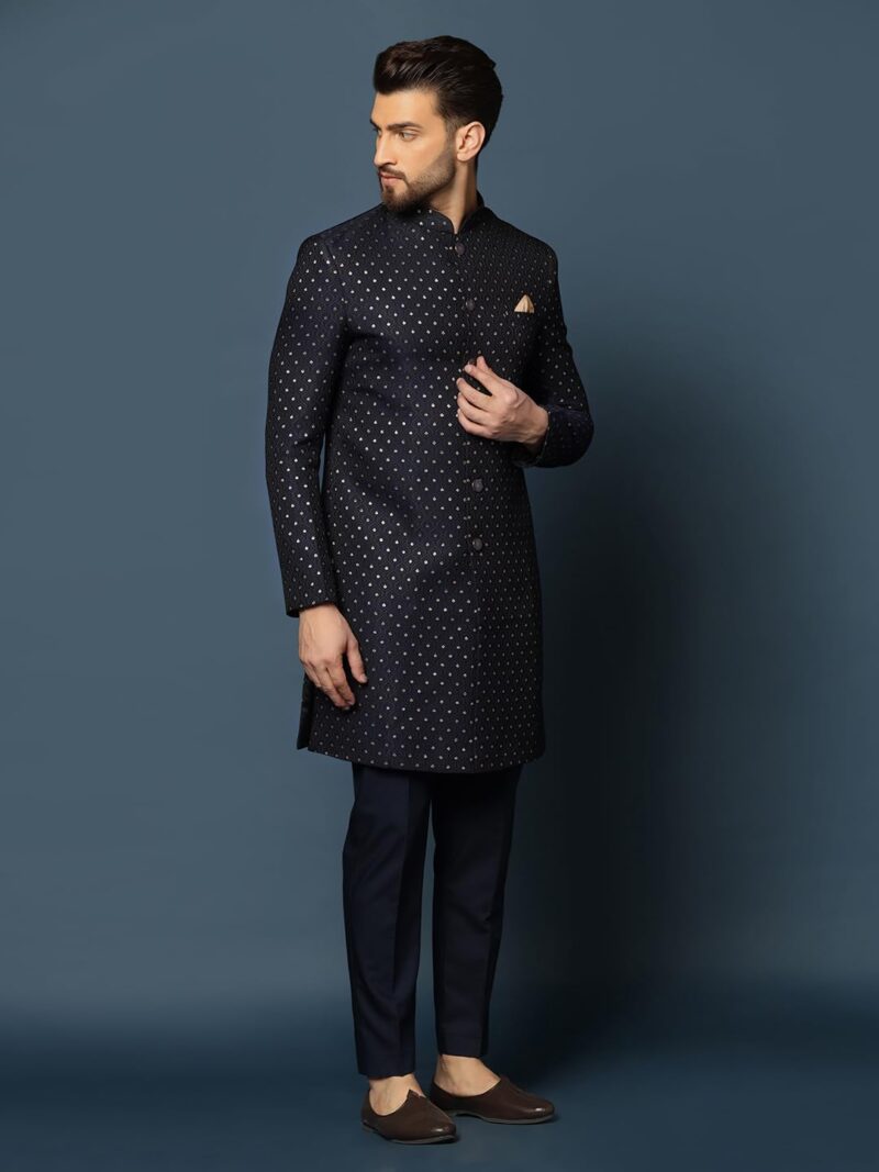 KISAH Men's Black Sherwani Trousers Set, Indo-Western, Cotton Full Sleaves, Knee Length, Straight, Regular Fit, Mandarin Collar Ethnic wear, 40 - Image 6