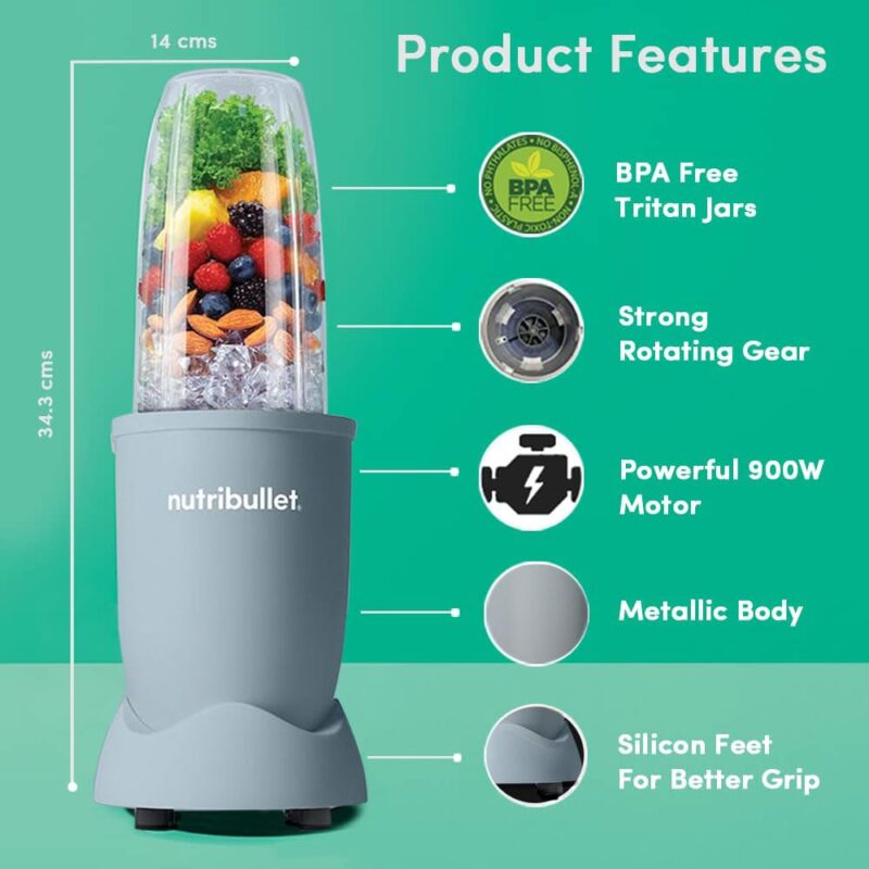 Nutribullet PRO 900W, 12 Pcs Set, USA #1 Mixer/Grinder/Smoothie Maker, "The Original Nutribullet", Food Processor, Best Blender, 3 Unbreakable Jars, 2 Blade Set - Wet & Dry (900W Slate) - Image 7