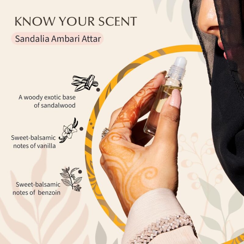 Sandalia Ambari Attar Oil by Dukhni | Arabic perfume oils for men and women | 100% pure ittar roll on perfume, chandan, sandal, sandalwood oil | Eid, Ramadan Gifts, Non Alcoholic & Vegan Islamic Fragrances - Image 5